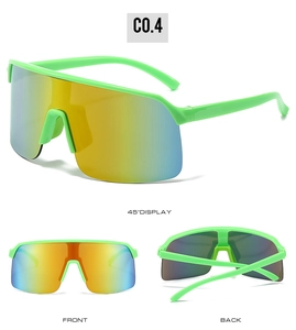 Three-way view of neon green cycling glasses with iridescent lenses showing multiple angles