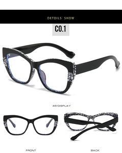Three-angle view of TR90 cat-eye frames with artistic white geometric patterns