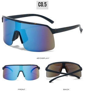 Detailed views of cycling sunglasses with blue-purple mirrored lenses and speckled frame