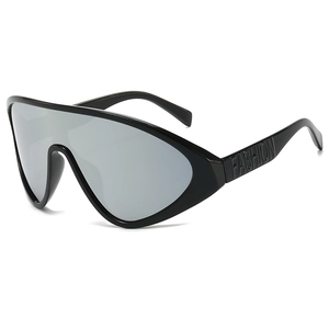 Futuristic oversized shield sunglasses with silver mirrored lenses and black frame