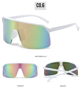 Three-angle view of white sports sunglasses with colorful mirrored lenses and nose pads