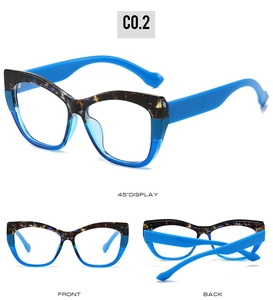 Three-view layout of blue tortoiseshell cat-eye TR90 frames with front and side angles