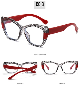 Three-way view of cat eye optical frames with black marble texture and red temples