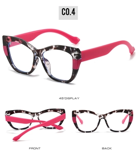 Detailed views of cat-eye TR90 glasses with leopard pattern and pink temples