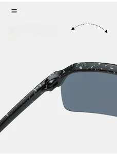 Macro detail of durable textured black hinges with splatter pattern on outdoor cycling sunglasses