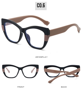 Three-view detail of TR90 cat-eye blue light blocking glasses in black and brown