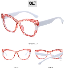 Three views of red geometric cat eye TR90 glasses frames with white temples and clear lenses