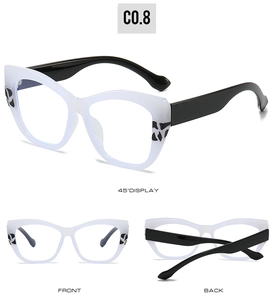 Detailed multi-angle views of TR90 cat-eye frames with stylish black and white patterns