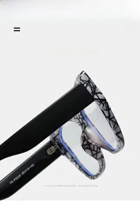Macro detail of TR90 square eyeglass frames with grey marble texture and wide black temples