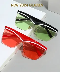 Macro shot of oversized futuristic wrap-around sunglasses with colorful lens details