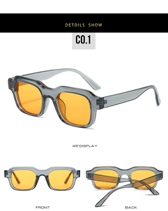 Detailed multi-angle view of square sunglasses with grey frames and orange lenses