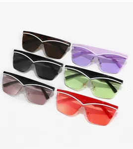 Detail of oversized shield sunglasses in multiple colors with unique V-line stripe