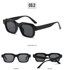Three-way view of square black sunglasses with thick frames and dark lenses