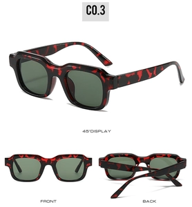 Detailed views of square tortoiseshell sunglasses with green lenses and thick frame