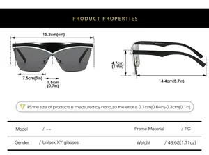 Size guide for oversized geometric sunglasses with detailed frame dimensions and PC material