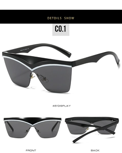 Macro detail of geometric oversized sunglasses with white trim and multi-angle view