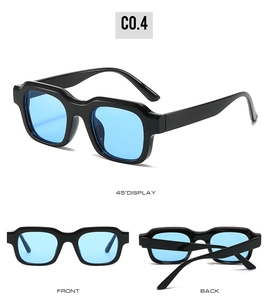 Multi-angle view of black square frame sunglasses with light blue lenses, showing 45-degree, front and back