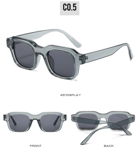 Detailed multi-angle view of transparent grey square sunglasses with dark lenses, model C0.5