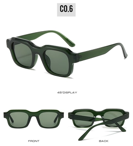 Three-view display of vintage square dark green sunglasses in 45-degree, front, and back views