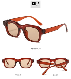 Three angles of orange square frame sunglasses with light brown lenses and C0.7 code