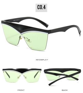 Detail view of oversized polygonal sunglasses with black frame and lime green lenses