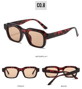 Three views of square frame sunglasses with red-black tortoiseshell patterns and amber lenses