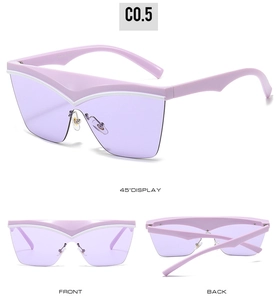 Detailed views of lavender geometric oversized sunglasses with white trim and purple lenses