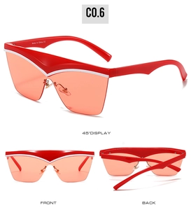 Three-view detail of oversized red V-shaped frame sunglasses with orange lenses