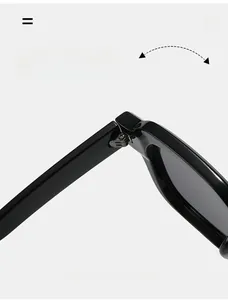 Detail of durable textured metal hinge on square frame sunglasses with silver finish