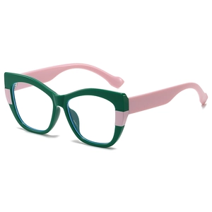 Fashionable cat-eye TR90 blue light blocking glasses with green and pink color-blocking