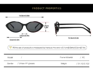 Tabella taglie per occhiali da sole cat-eye con misure montatura e dettagli materiale PC