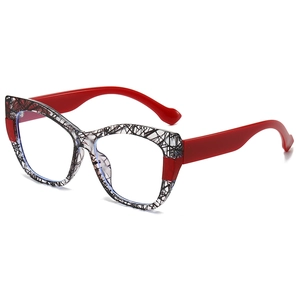 Cat-eye TR90 blue light blocking glasses with black mesh texture and red temples