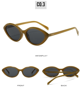 Three-way view of retro cat eye sunglasses with silver rivets and olive frames