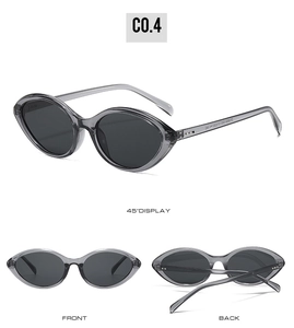 Three views of small cat eye sunglasses in translucent grey finish with C0.4 color code