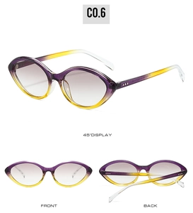 Detailed views of cat eye sunglasses featuring purple and yellow gradient frames