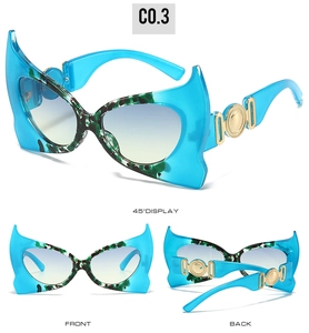 Detailed views of butterfly sunglasses with blue camo frames and gradient lenses
