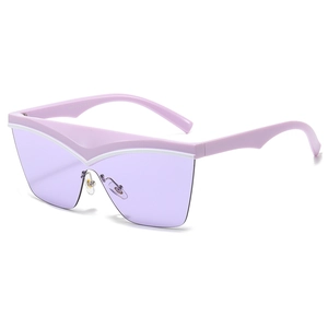 Chic lavender purple shield sunglasses featuring a unique V-shaped rim and white accents