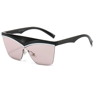 Oversized geometric black sunglasses with purple translucent lenses and V-shaped top bar