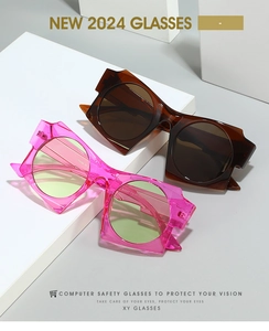 Detailed macro view of trendy irregular sunglasses showing frame details and model specs