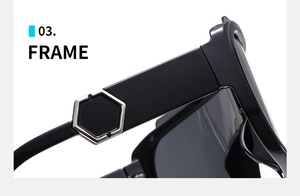 Close-up of black cycling sunglasses frame with hexagonal silver metal decoration