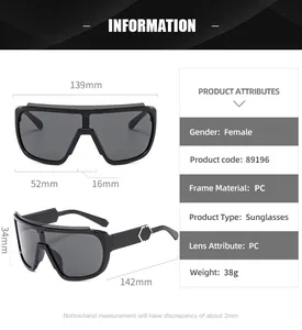 Detailed size specifications for outdoor sports sunglasses with PC frame measurements
