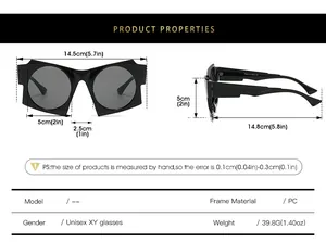 Size chart for irregular sunglasses showing dimensions and PC frame specifications