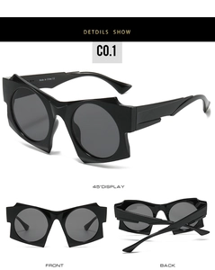 Detailed views of black irregular geometric punk sunglasses with UV protection lenses