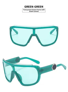 Detail of transparent green sunglasses with hexagonal temple accents and silver metal trim