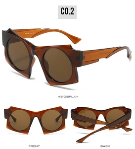Detail view of brown tortoiseshell geometric sunglasses with UV protection lenses