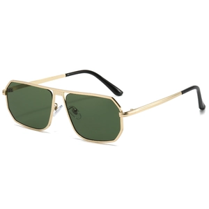 Retro pilot sunglasses with gold metal frame and dark green square lenses on white background