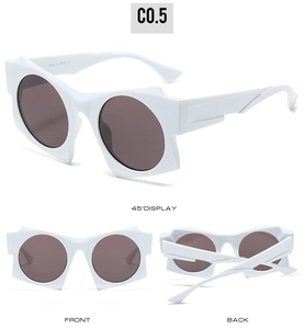Three views of irregular oversized white sunglasses with dark lenses and geometric frames