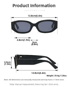 Detailed size chart of irregular square sunglasses with marble frame measurements
