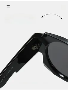 Macro detail of a durable metal hinge and size parameters on black sunglasses