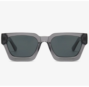 Detail of grey translucent thick frames and wide temples on stylish square sunglasses